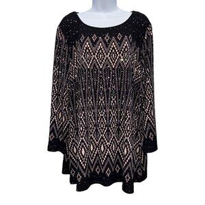 Bob Mackie Wearable Art Diamond Graphic Sequin Stretch Top Black Plus 2X NWT